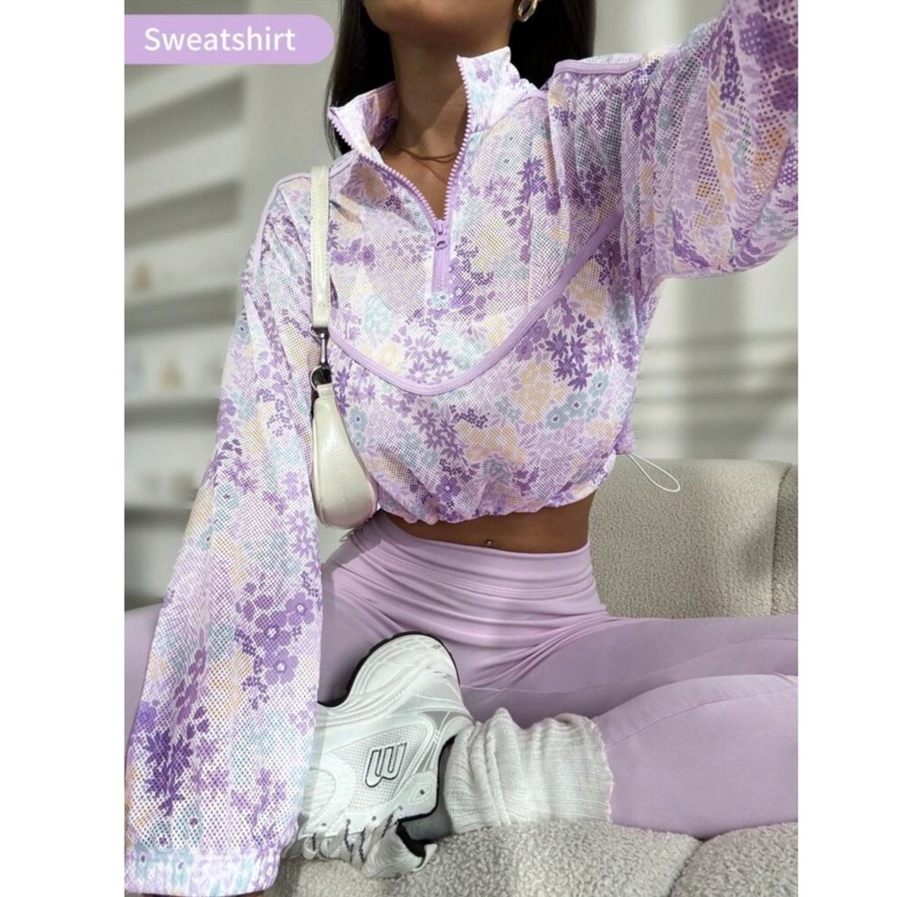 Boho Purple Floral Quarter Zip Mesh Dry Wick Cropped Sweatshirt